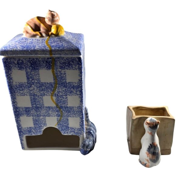 Ceramic Cat Tea bag Jar & Lid Blue Checkered Yellow Orange sugar packet holder - Picture 1 of 16
